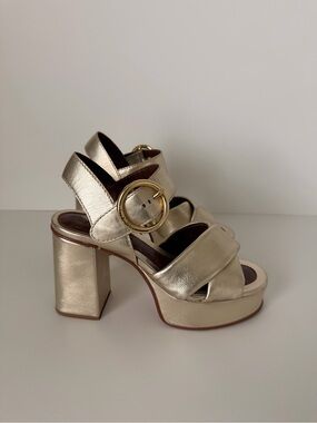 See By Chloe Metallic Gold Platform Block Heel Sandals size 37